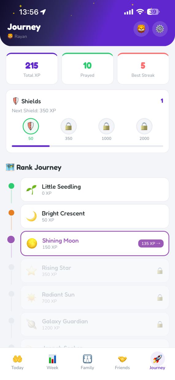 The Journey screen showing total XP, streak shield milestones and the full list of ranks.