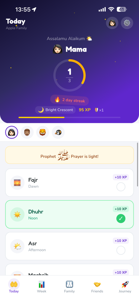 The Today screen showing a member's daily progress ring, streak, rank and each prayer with its XP value.