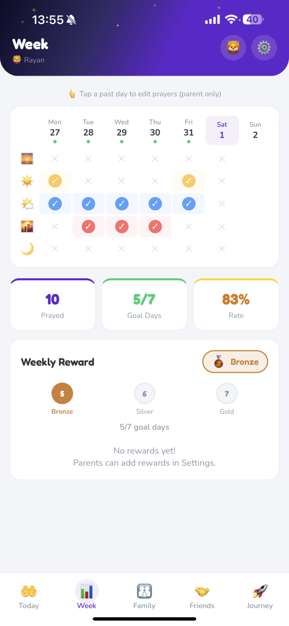 The Week screen showing a seven day prayer grid with Bronze, Silver and Gold weekly goals.